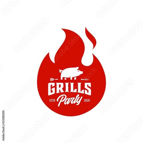 Grill Barbeque invitation party barbecue bbq with pig pork on fire flame Logo design vintage hispter