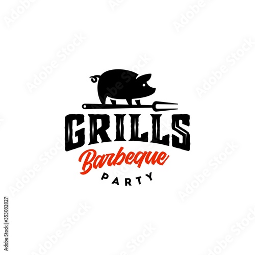 Vintage hipster Grill Barbeque pig pork icon on fire flame invitation party barbecue bbq with fork Logo design