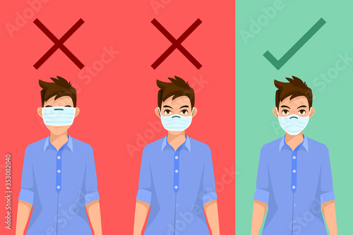 How to wear a protective mask. Young man shows 2 wrong methods and 1 correct method to wear a medical mask.Vector illustration flat design for stop spreading the coronavirus for banner and background.