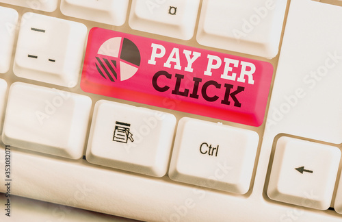 Writing note showing Pay Per Click. Business concept for internet marketing in which payment is based on clickthroughs photo