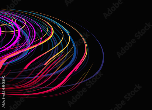 Dark background with colorful laser glow neon lines forming round shape, chaotic movement artistic element, wallpaper cover design