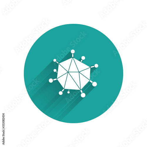 White Virus icon isolated with long shadow. Corona virus 2019-nCoV. Bacteria and germs, cell cancer, microbe, fungi. Green circle button. Vector Illustration