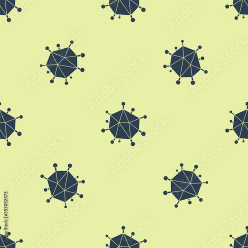 Blue Virus icon isolated seamless pattern on yellow background. Corona virus 2019-nCoV. Bacteria and germs, cell cancer, microbe, fungi. Vector Illustration