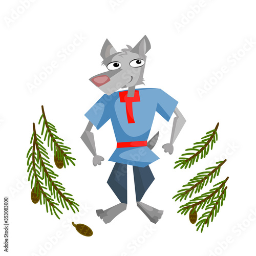 Wolf in the woods from a fairy tale for children. Cute good wolf character on a white background