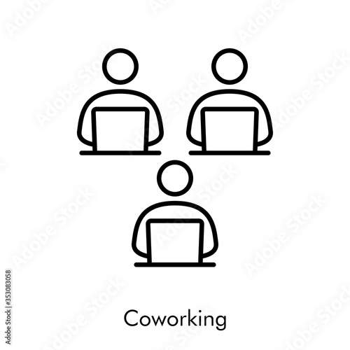 Símbolo trabajo en grupo. Icono plano lineal palabra Coworking con hombres trabajando en color negro