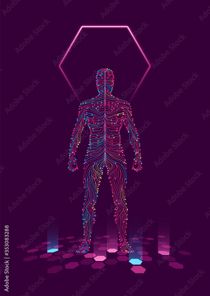 Digital human. Concept of virtual reality. Body made from colorful flowing lines resembling electrical circuit or nervous system. Eps10 vector.