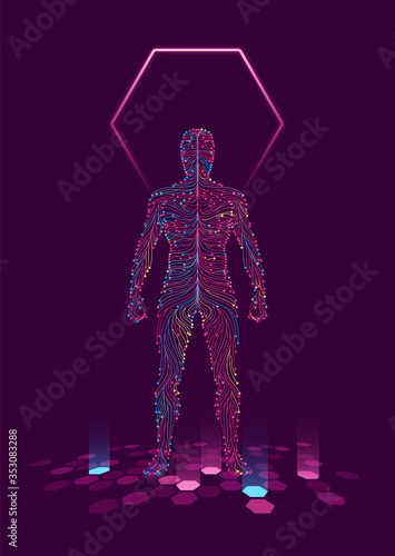 Digital human. Concept of virtual reality. Body made from colorful flowing lines resembling electrical circuit or nervous system. Eps10 vector.