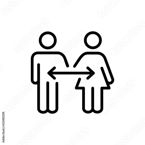 Símbolo distancia de seguridad. Icono plano lineal hombre y mujer con flechas en color negro	
