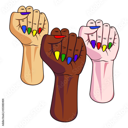 Freedom for lgbt. Pride fist. Three female fists raised as a sign of protest. Different ethnics. Asian, Afro American or African and European with colored nails with rainbow colors. Isolated on white