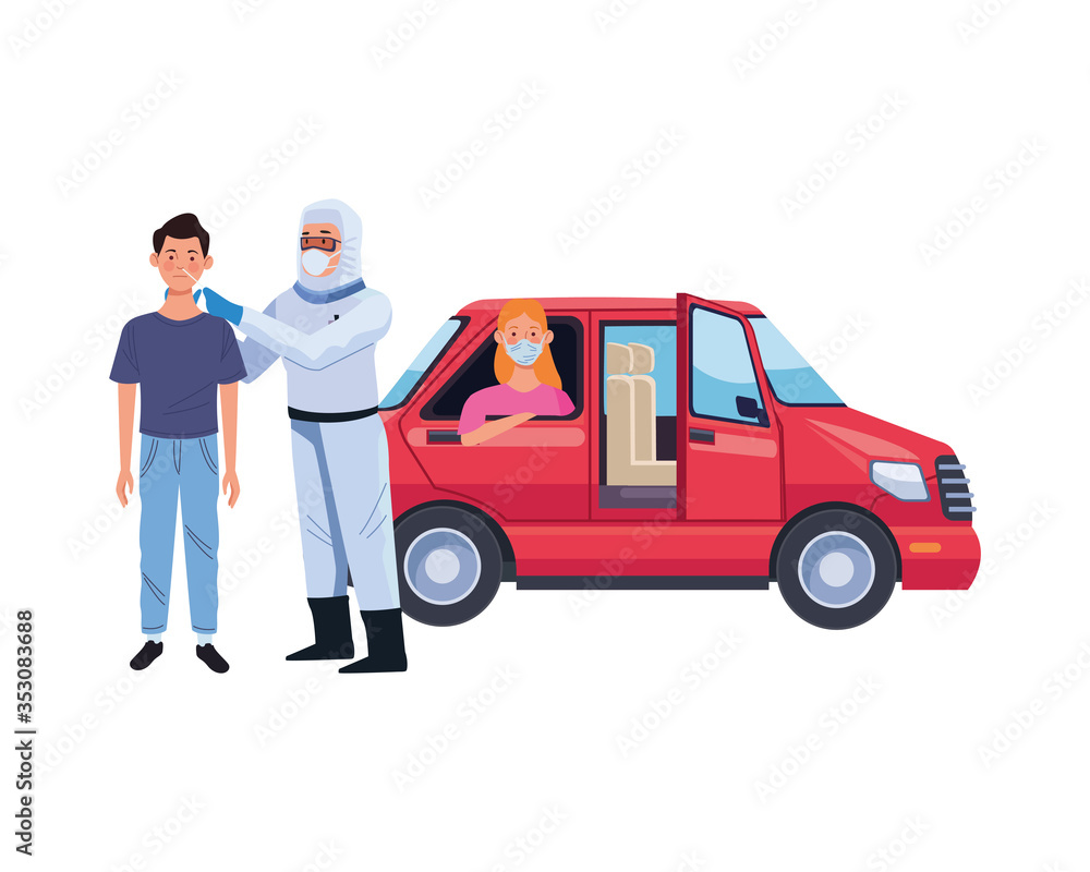 doctor using biosafety suit take a covid19 test in car
