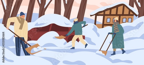 Group of colorful people remove snow at yard vector flat illustration. Active man and woman work outdoors together holding shovel. Person cleaning snowdrifts at backyard area after blizzard