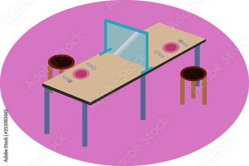 Social distancing for table and sitting in food shop or street food. Safe from corona virus outbreak. Vector illustration in flat style.