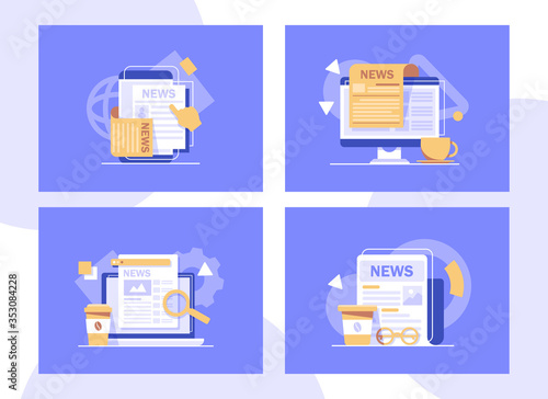 Newspapers and coffee mugs,Morning coffee with world news,flat design icon vector illustration
