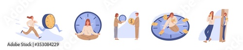 Concept of interaction people and time set vector flat illustration. Collection of man and woman business timing, earn money, self organization, missed opportunities, day planning isolated on white