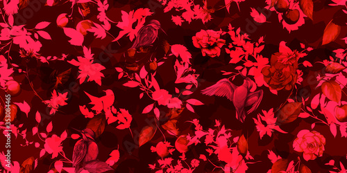Wide seamless floral pattern. Birds halcyon with flowers and leaf on dark red background. Abstract hand drawn artwork, vector - stock.