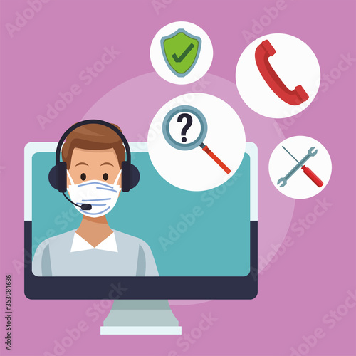 call center support male worker wearing medical mask