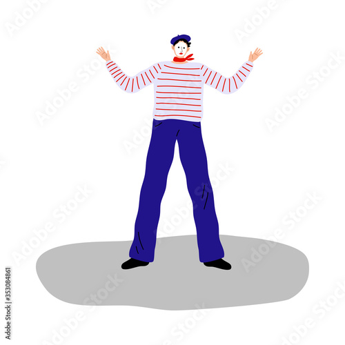 Man clown street atrist in costume during performance on street