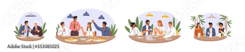 Set of various diverse business team eating together vector flat illustration. Collection of happy colleagues having informal meeting after work, celebrating success and smiling isolated on white