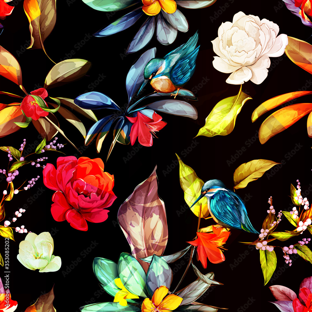 Floral seamless background pattern. Birds (halcyon) with flower peony and topical leaves on black. Abstract colorful vintage hand drawn illustration. Vector - stock.