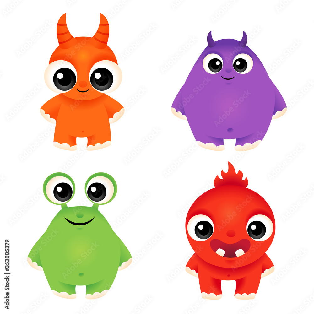 Monster set, cartoon vector cute creatures isolated on white