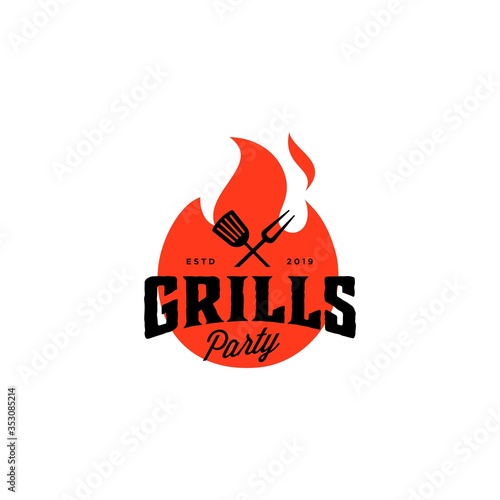 Vintage hipster Grill Barbeque invitation party barbecue bbq with crossed fork spatula and fire flame Logo design