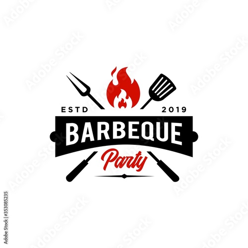 Vintage hipster Grill Barbeque invitation party barbecue bbq with crossed fork spatula and fire flame Logo design