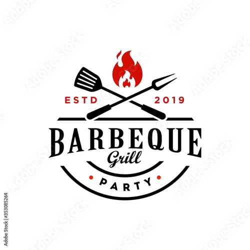 Vintage hipster Grill Barbeque invitation party barbecue bbq with crossed fork spatula and fire flame Logo design