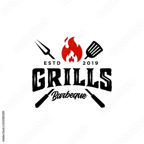 Vintage hipster Grill Barbeque invitation party barbecue bbq with crossed fork spatula and fire flame Logo design