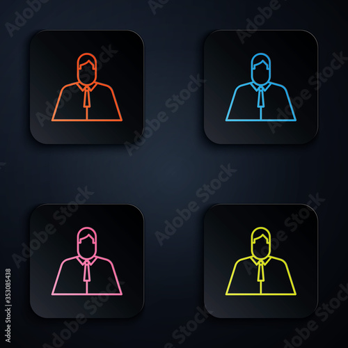 Color neon line Lawyer, attorney, jurist icon isolated on black background. Jurisprudence, law or court icon. Set icons in square buttons. Vector Illustration