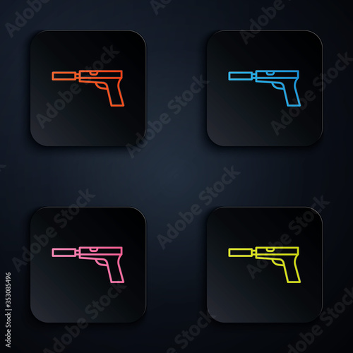 Color neon line Pistol or gun with silencer icon isolated on black background. Set icons in square buttons. Vector Illustration