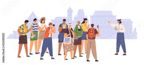 Female tour guide showing interesting places to group of tourist vector flat illustration. People admiring architecture cityscape isolated on white. Travel man and woman visit sightseeing of city photo