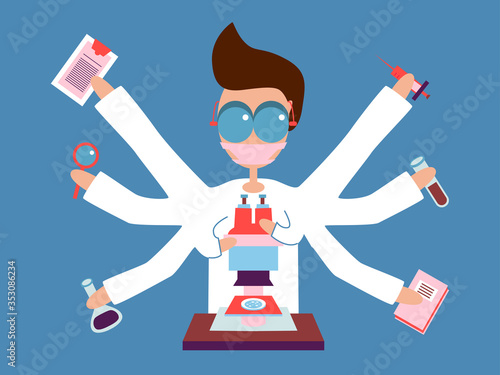 Cheerful doctor with virus vaccine in protection mask in medical laboratory. Confident medical worker presenting pandemic cure. Scientist create vaccination, vaccine, cure for coronavirus Covid-19
