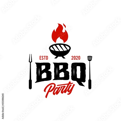 Vintage hipster Grill kettle Barbeque invitation party barbecue bbq with crossed fork spatula and fire flame Logo design