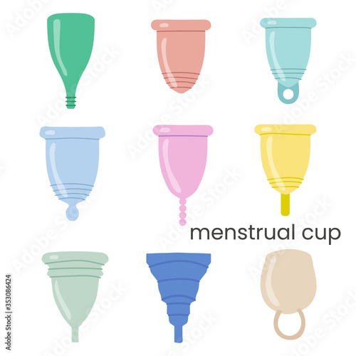 Menstrual cup set. Eco-friendly, silicone washable menstrual cup. Zero waste period personal hygiene. Plastic-free concept.