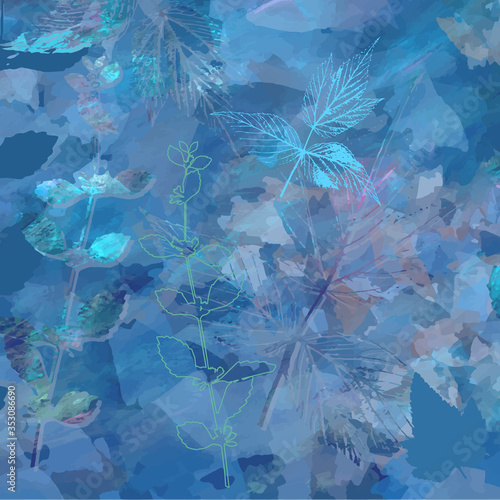 Creative artistic floral background with wild plants, leaves,  and hand paint...