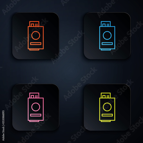 Color neon line Passport with ticket icon isolated on black background. Identification Document. Concept travel and tourism. Set icons in square buttons. Vector Illustration