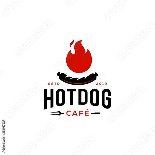 Vintage hipster Grill Barbeque sausage party invitation barbecue bbq with fork and fire flame icon Logo badge design
