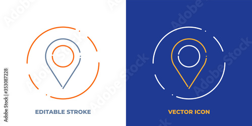 Navigation tag line art vector icon with editable stroke. Outline symbol of position marker. Location pin pictogram made of thin stroke. Isolated on background.