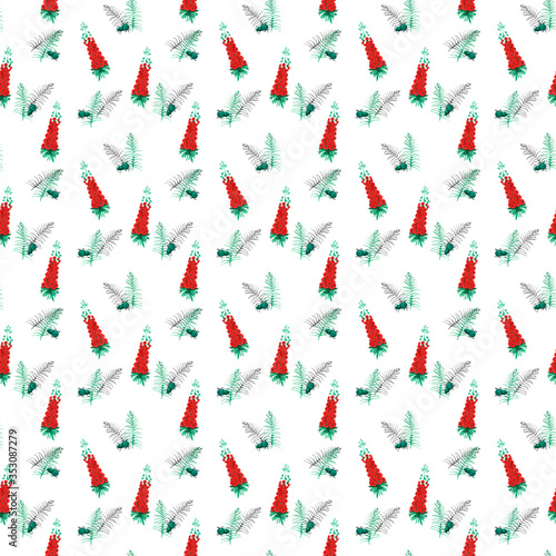 Abstract watercolor hand drawn pattern. Red flowers  green branches and beetles.  Perfect for printing on the fabric  design package and cover