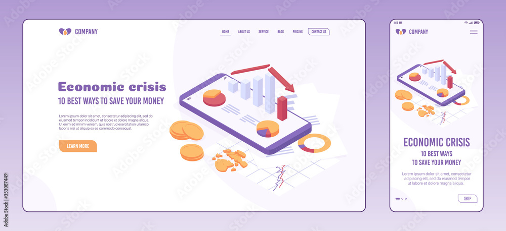 Economic crisis web page and onboarding screen template - isometric business analysis graphic with falling trend.