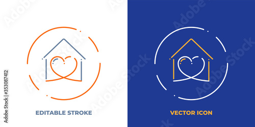 Stay home line art vector icon with editable stroke. Outline symbol of heart in house. Love pictogram made of thin stroke. Isolated on background.