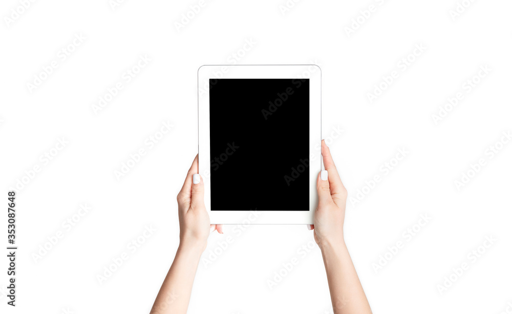 Modern technologies. Girl hands with tablet on white background, space for your design Modern technologies. Girl hands with tablet on white background, space for your design