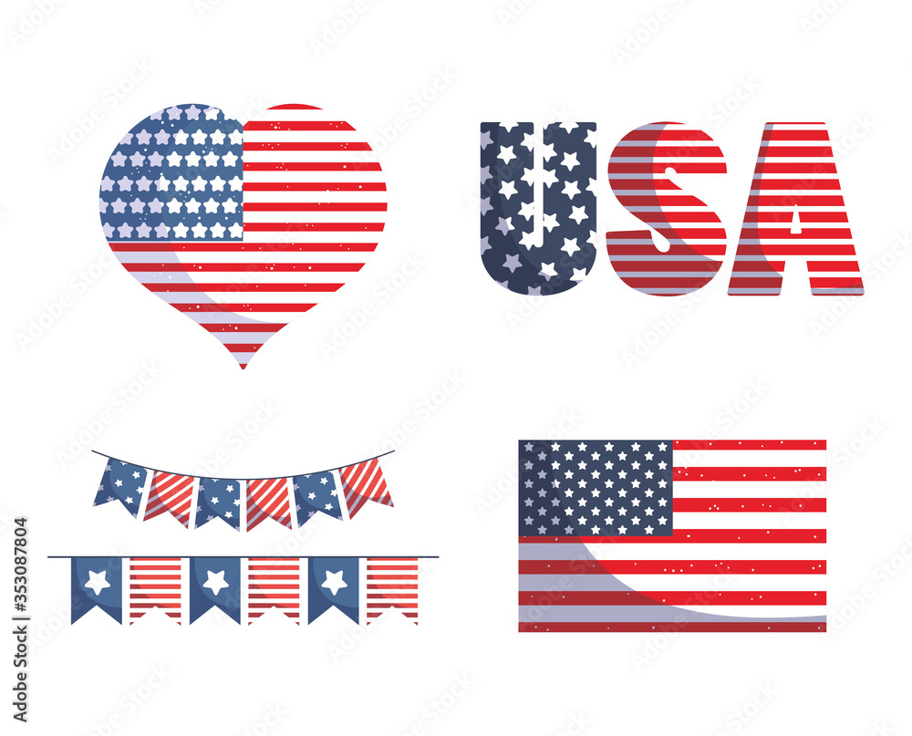 Fototapeta premium Usa independence day flag heart and banner pennant vector design
