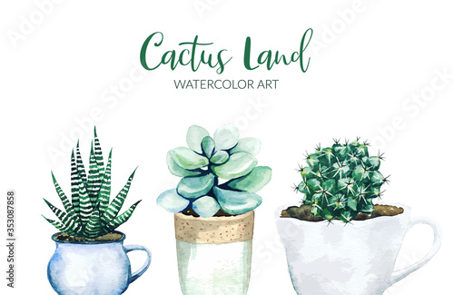 Potted cactus plants, hand drawn watercolor illustration