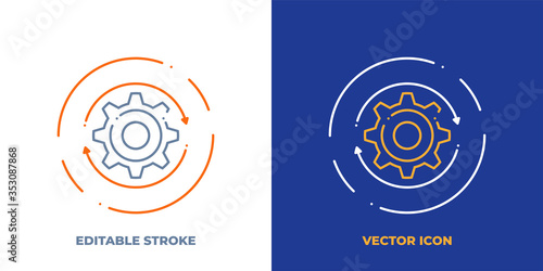 Gear line art vector icon with editable stroke. Outline symbol of cog wheel. Engineering pictogram made of thin stroke. Isolated on background.