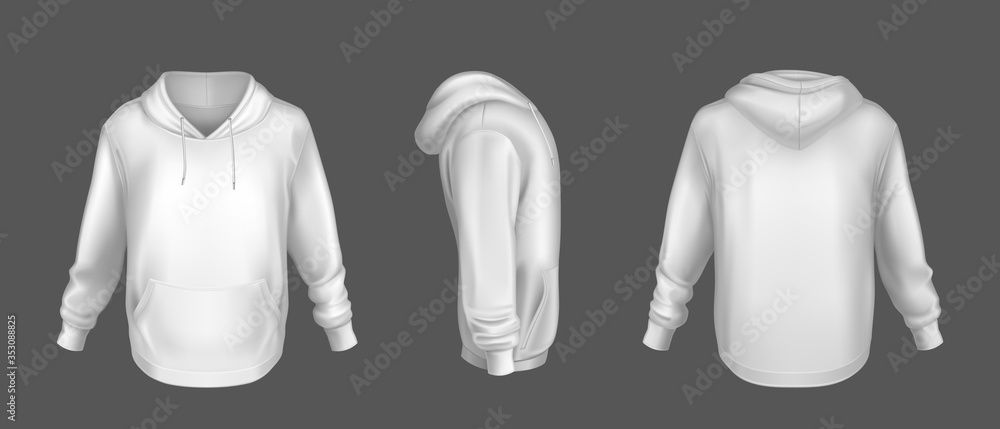 Hoody, white sweatshirt mock up front side back view set. Isolated hoodie with long sleeves, kangaroo muff pocket and drawstrings. Sport, casual or urban clothing fashion, Realistic 3d vector mockup Hoody, white sweatshirt mock up front side back view set. Isolated hoodie with long sleeves, kangaroo muff pocket and drawstrings. Sport, casual or urban clothing fashion, Realistic 3d vector mockup