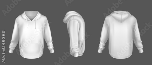 Hoody, white sweatshirt mock up front side back view set. Isolated hoodie with long sleeves, kangaroo muff pocket and drawstrings. Sport, casual or urban clothing fashion, Realistic 3d vector mockup