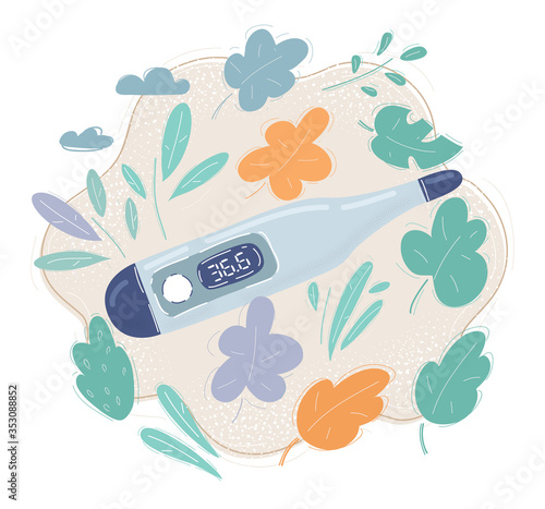 Vector illustration of medical thermometer on floral background indicating body temperature. photo