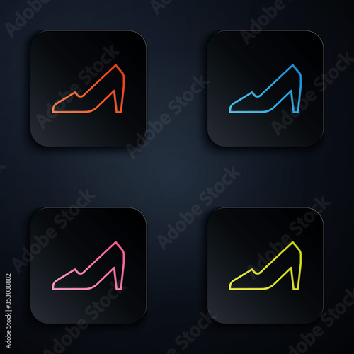 Color neon line Woman shoe with high heel icon isolated on black background. 8 March. International Happy Women Day. Set icons in square buttons. Vector Illustration