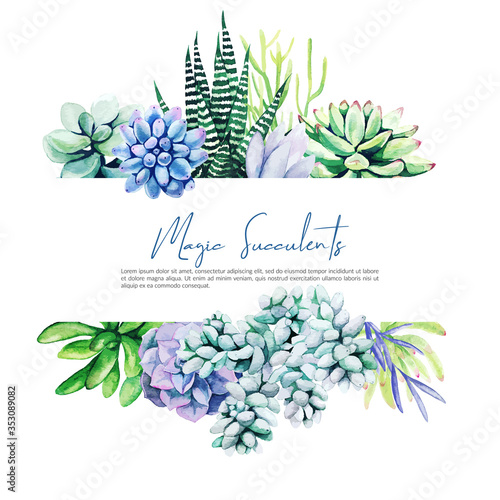 Horizontal banner with watercolor cactus and succulent plants
